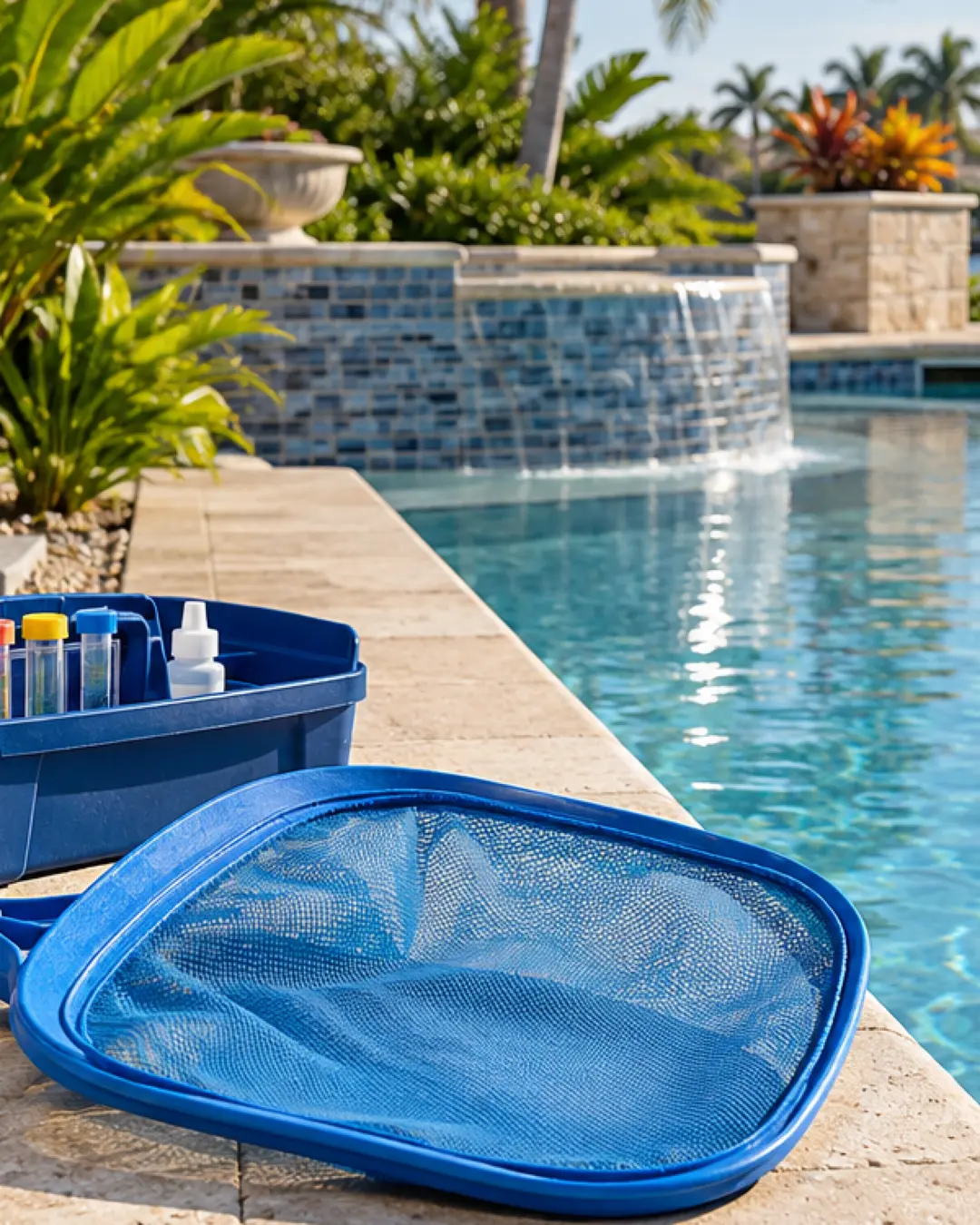 Organized pool care tools and testing equipment beside blue water