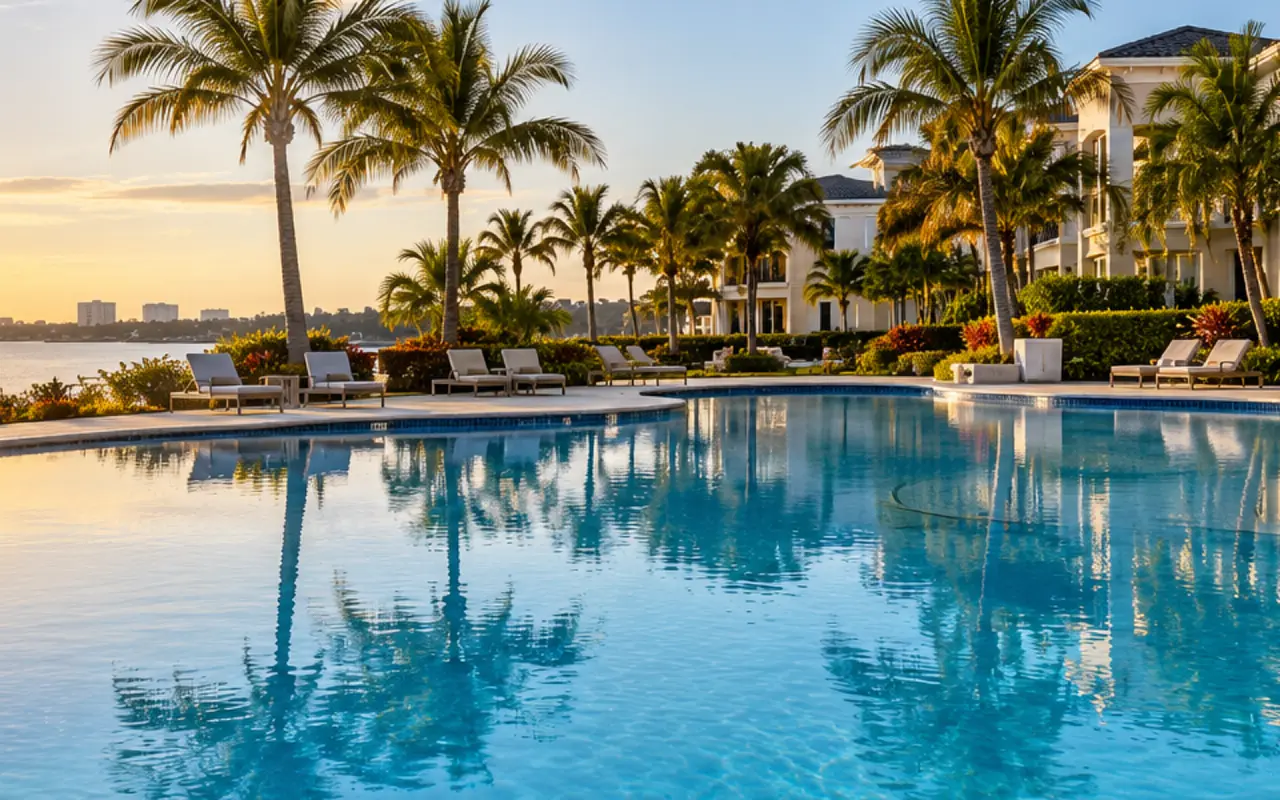 Commercial swimming pool with clear water and a tidy deck