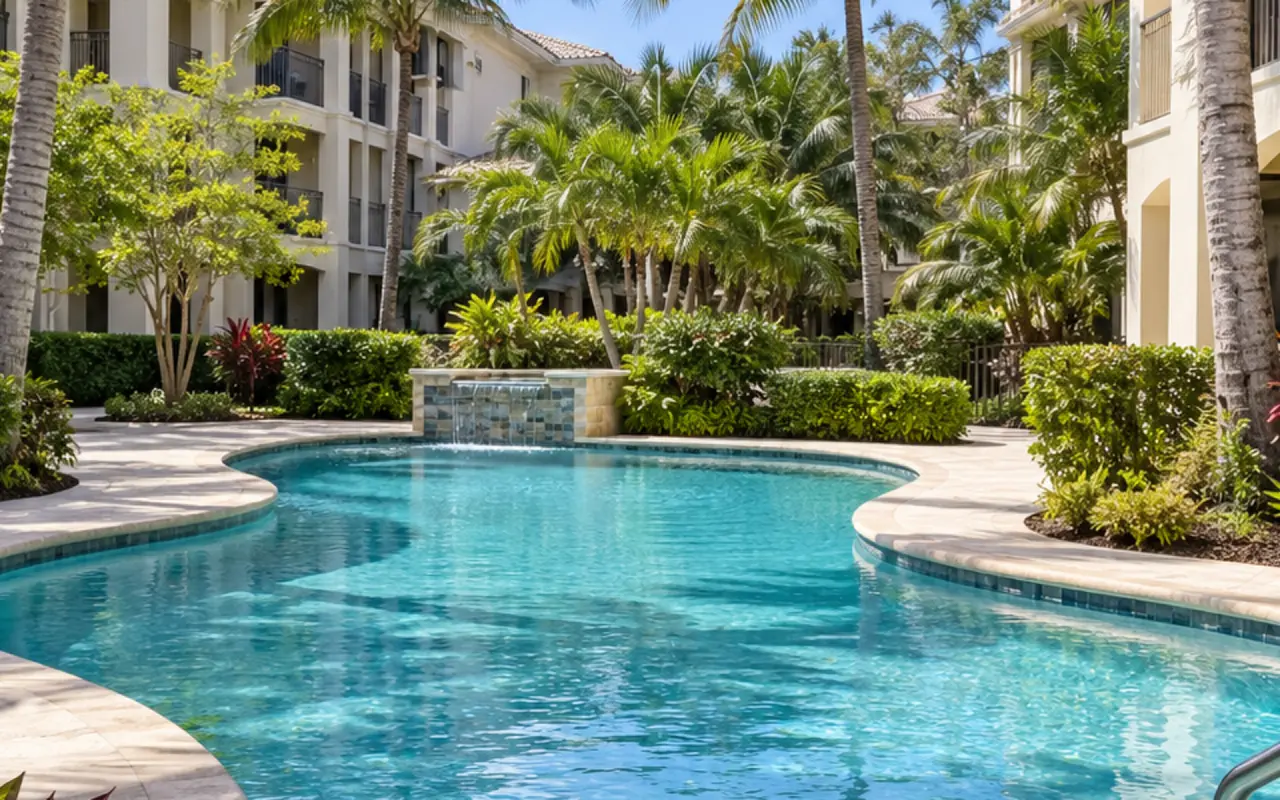 Blue condominium pool with palms and tidy deck