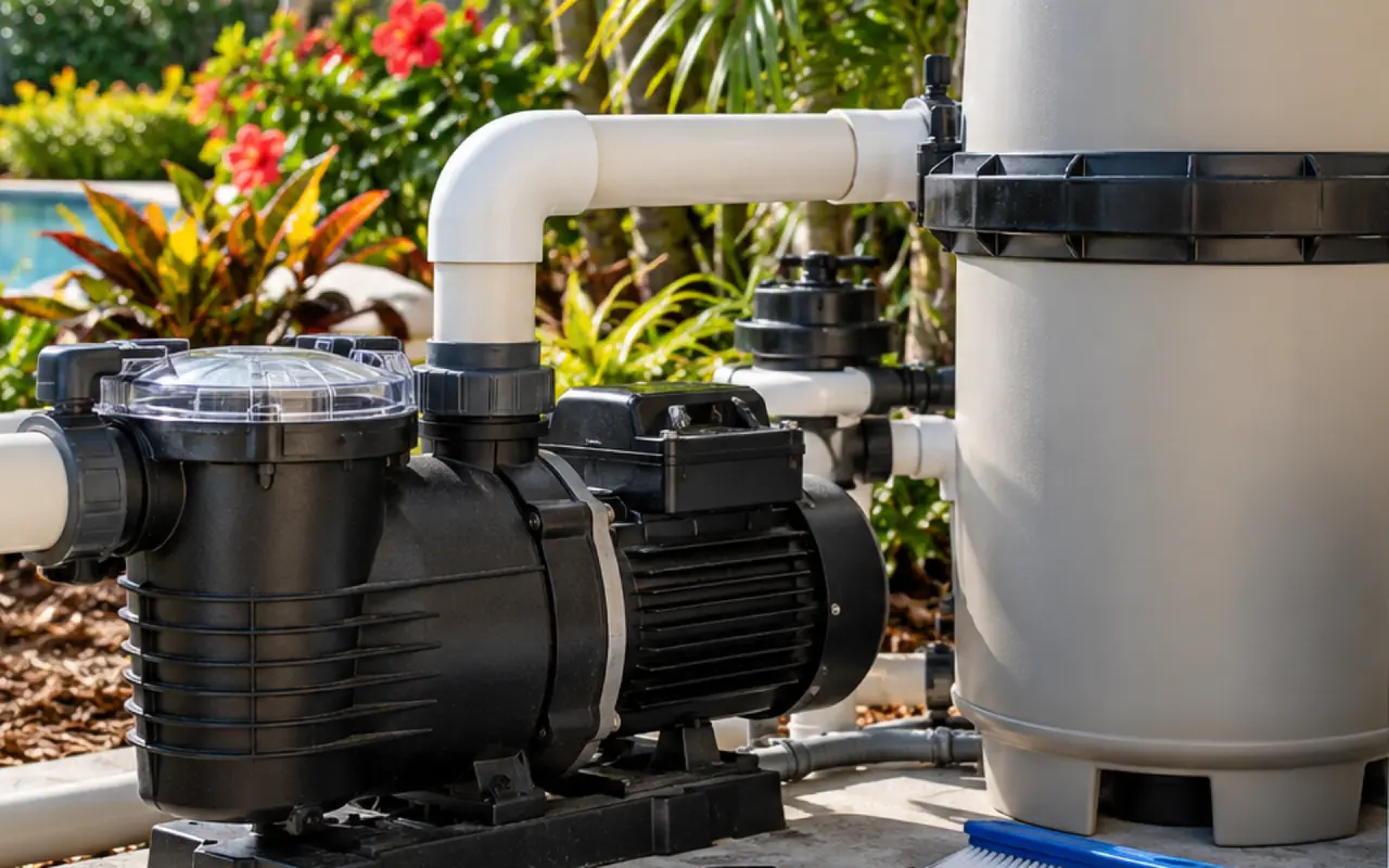 Clean pool pump and filter installation in a tropical setting