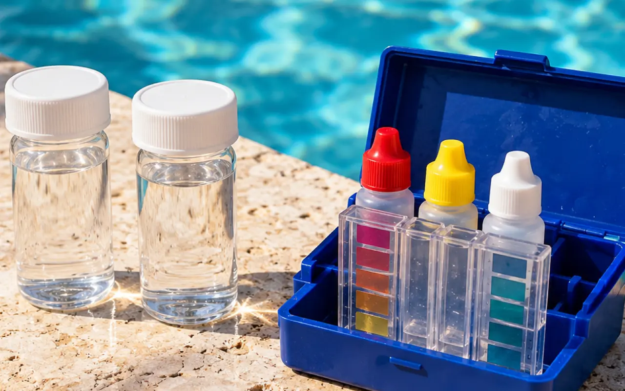 Unlabelled pool water sample vials on a clean deck