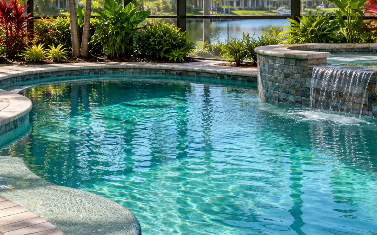 Clean private pool with tropical landscaping and a screened enclosure