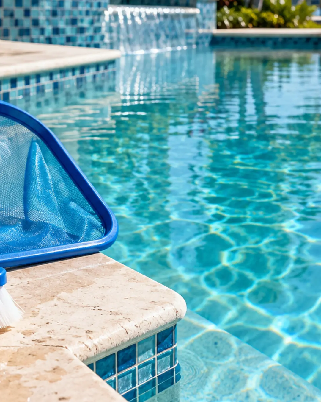 Pool cleaning tools beside clear water at a Florida property
