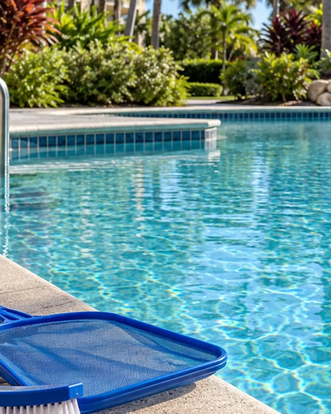 Pool maintenance tools beside a shared swimming pool