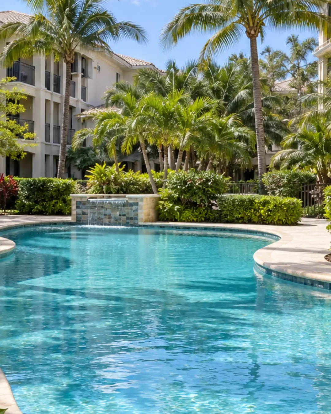 Shared condominium pool and surrounding landscaped deck