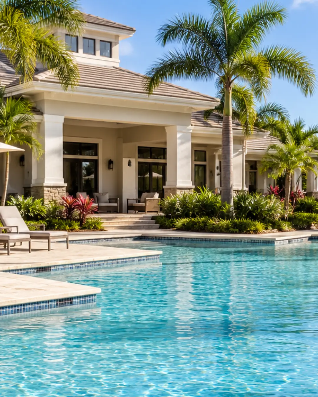 Landscaped pool deck in a Lakewood Ranch-style community
