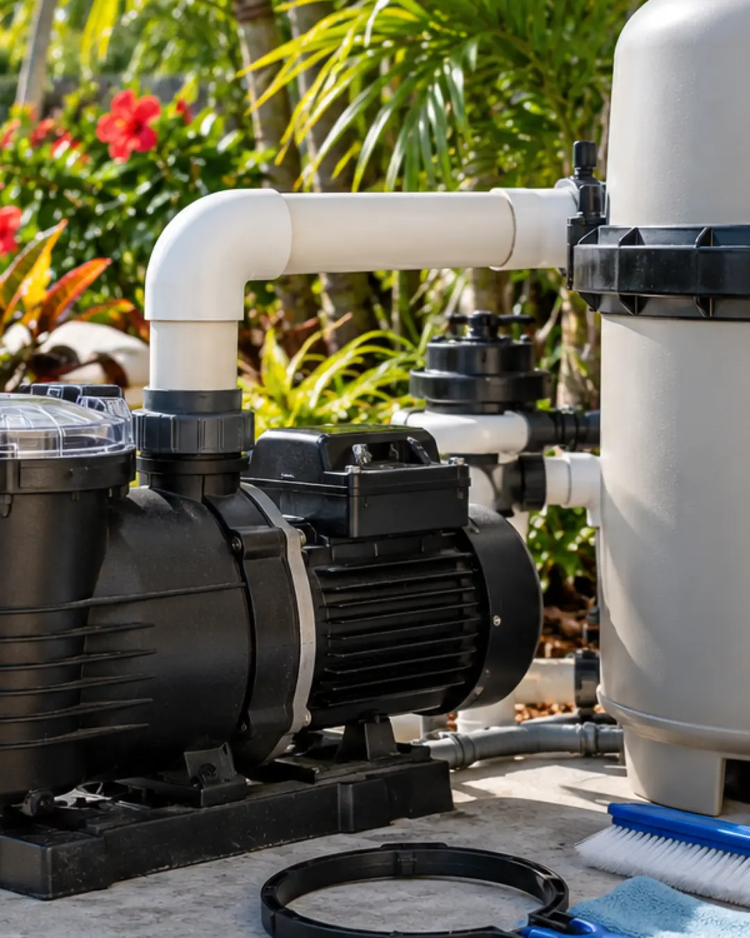 Close view of pool filter, pump, and maintenance tools