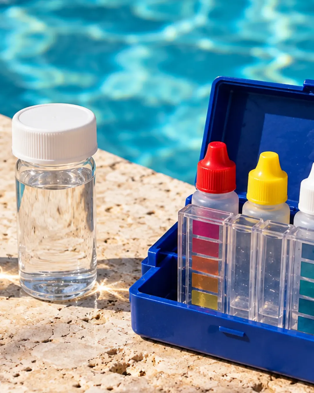 Close view of clear sample vials and pool water