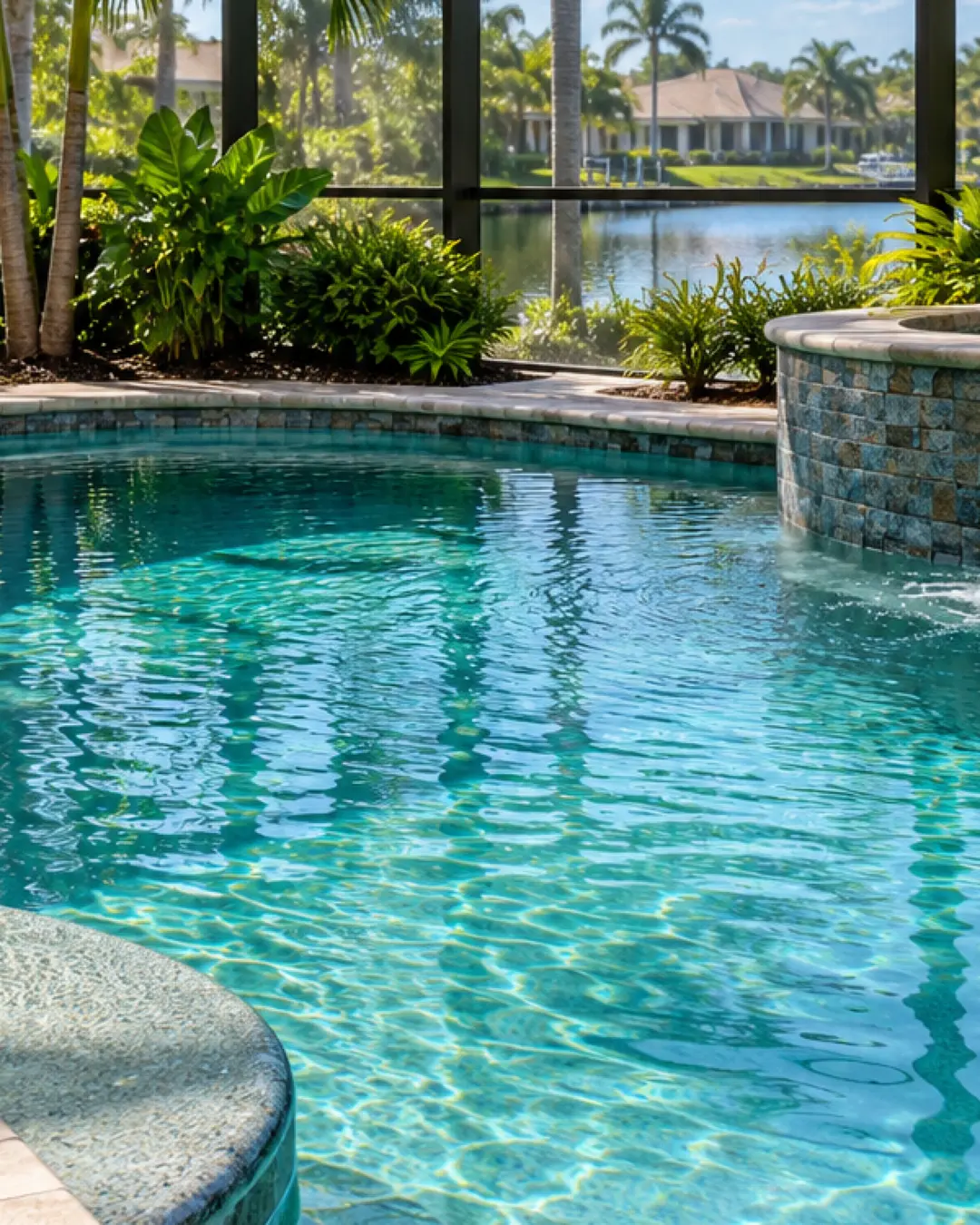 Blue home pool water and paver deck in a screened lanai